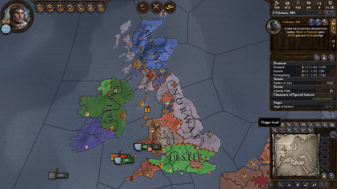 An unconventionally-laid-out map of the UK in Crusader Kings II. Much of the East of England seems to be ruled by Norway.