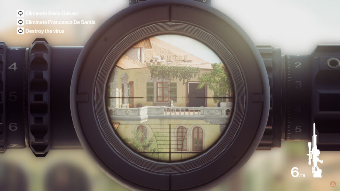 One of the Sapienza level's targets in the sights of the sniper rifle