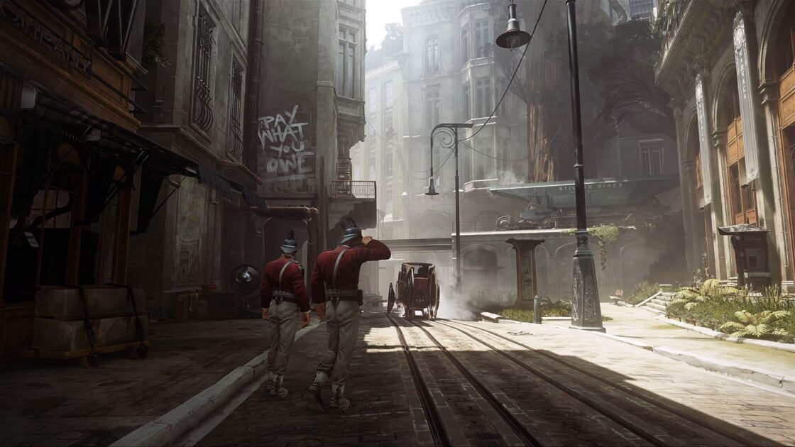 Dishonored 2 concept art. Two men are walking down a dusty, post-apocalyptic-looking street.
