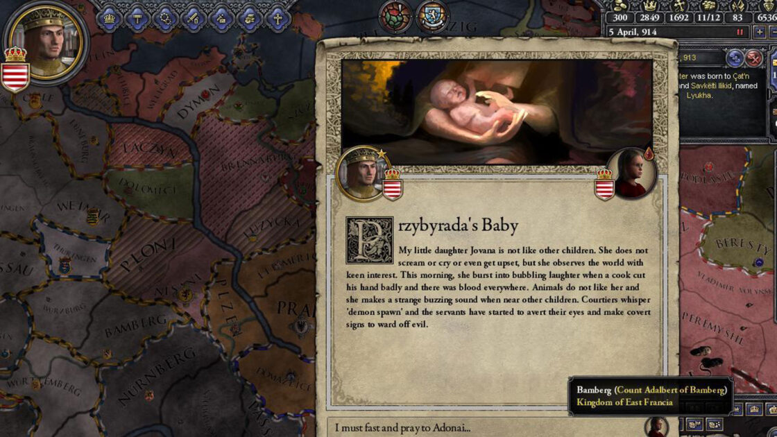 Przybyrada's Baby: a dialogue box announces the arrival of the player character's latest bundle of joy