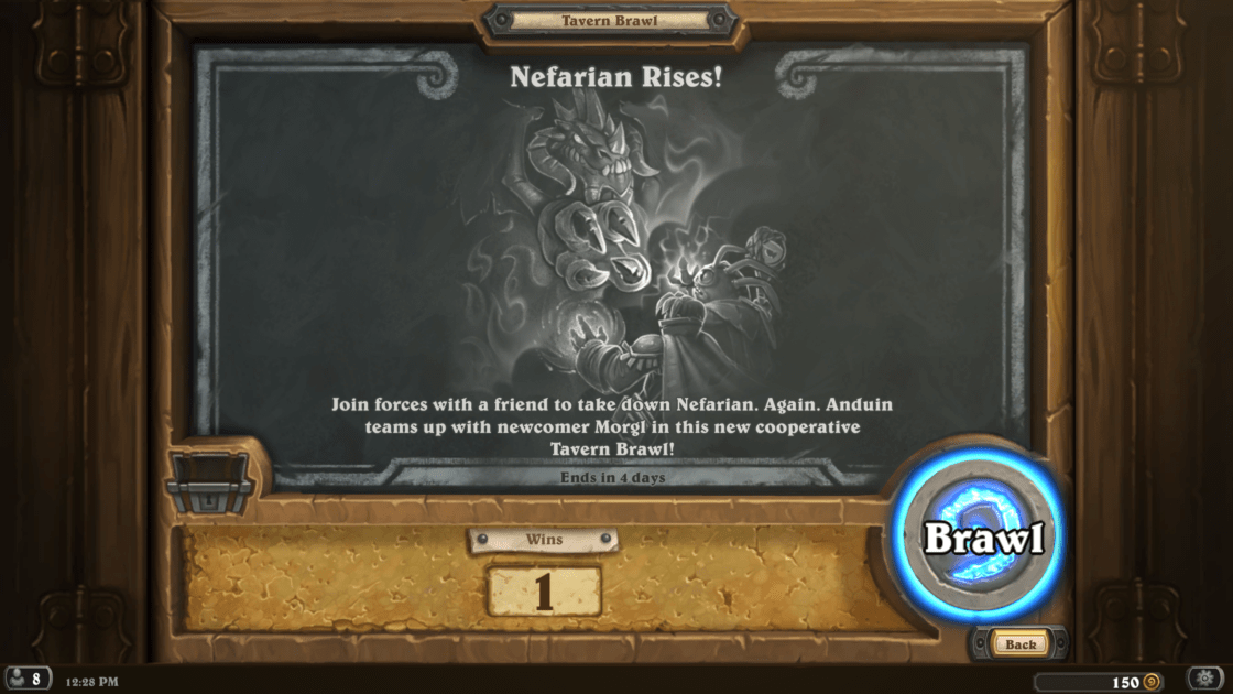 The latest Tavern Brawl, at time of publication. Text in image: "Nefarian Rises! Join forces with a friend to take down Nefarian. Again. Anduin teams up with newcomer Morgi in this new cooperative Tavern Brawl!"