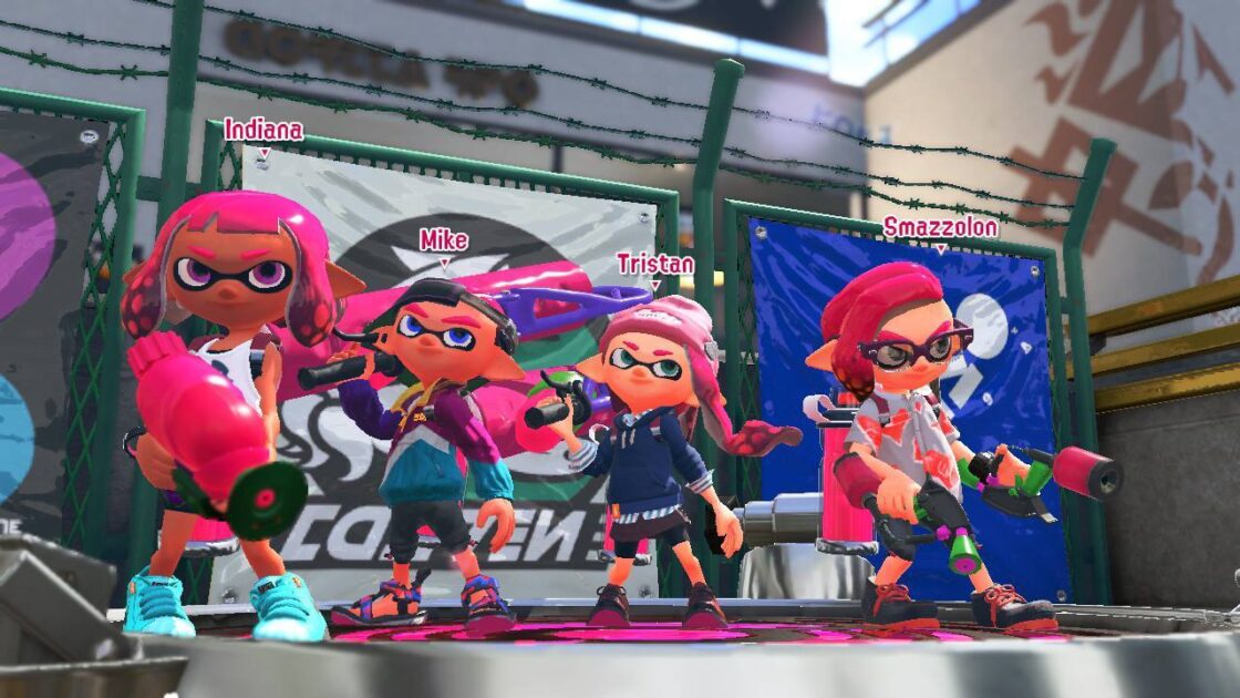 My first Splatoon 2 Turf War! My three teammates and I are posing at the spawn point.